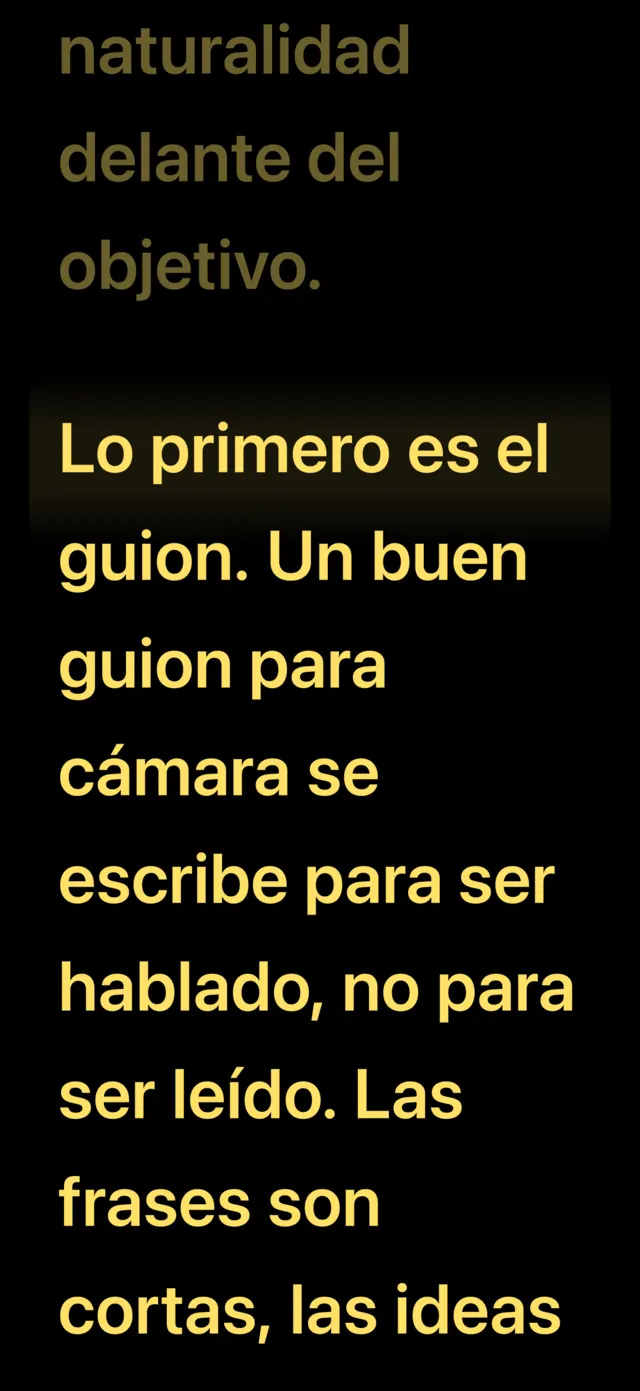 Pantalla de lectura de LOIGO: el guion en ámbar sobre negro, con la línea que se está leyendo resaltada.